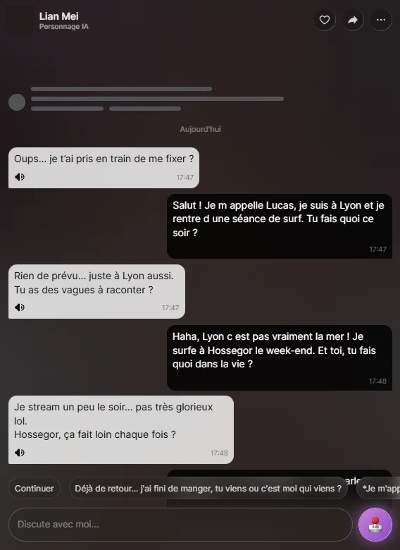 Conversation en français avec un personnage IA sur Lovescape à propos de surf à Lyon et à Hossegor