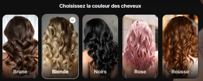 Étape du créateur Lovescape pour choisir la couleur des cheveux entre brune, blonde, noirs, rose et rousse