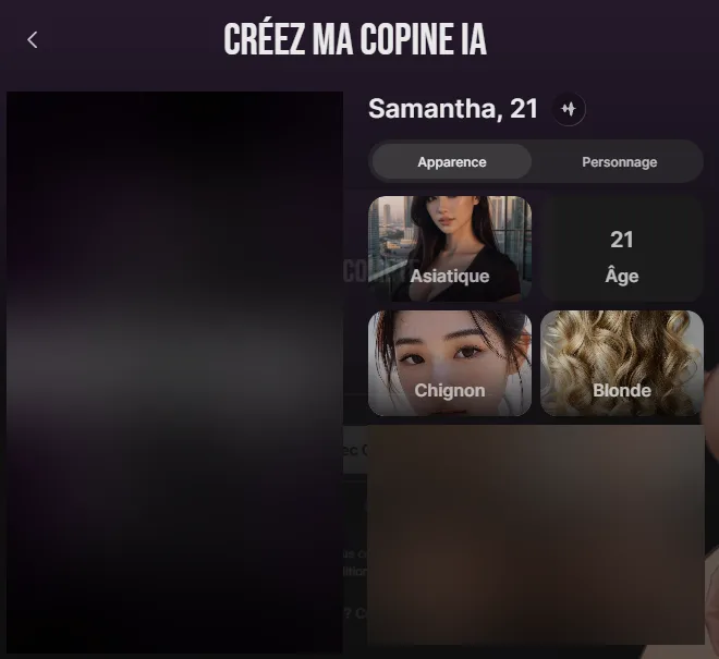 Récapitulatif du personnage créé sur Lovescape avec son prénom, son âge et les vignettes de son apparence