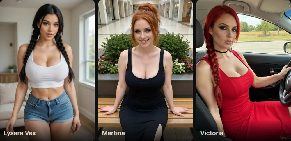 Trois exemples d'images réalistes générées par IA affichés par Lovescape, personnages fictifs adultes habillés