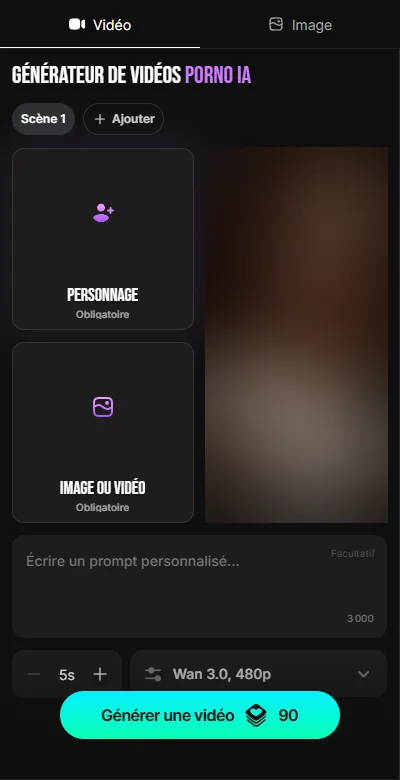 Générateur de vidéos Lovescape avec scènes, personnage, image ou vidéo, durée de 5 secondes et modèle Wan 3.0