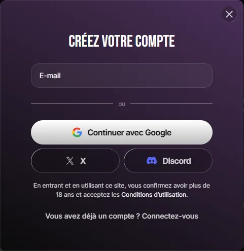 Fenêtre de création de compte Lovescape avec inscription par e-mail, Google, X ou Discord