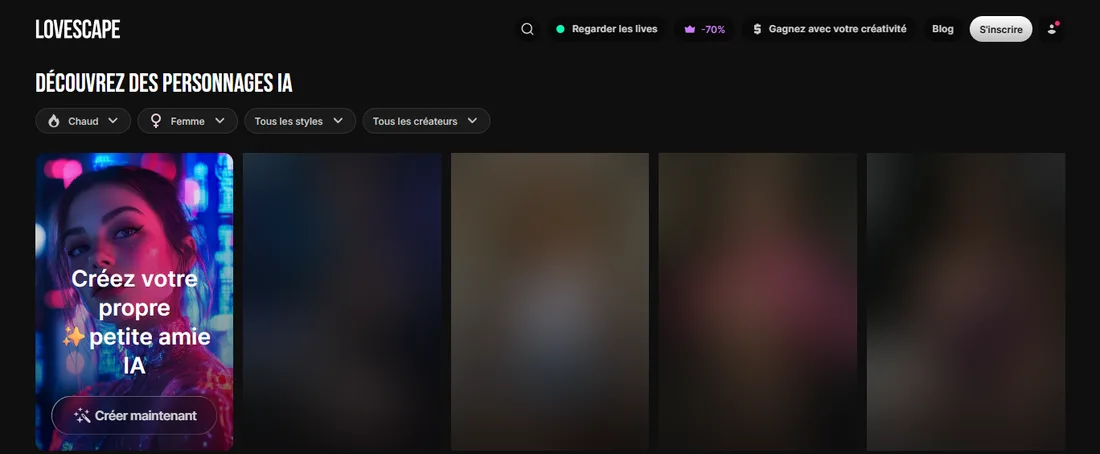 Page Discover de Lovescape avec les filtres de personnages et la carte pour créer sa propre petite amie IA