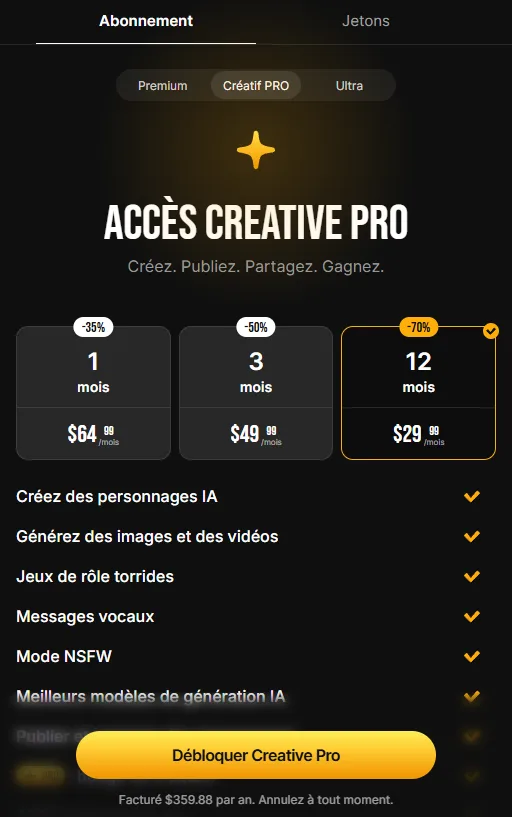 Page d'abonnement Lovescape Creative Pro avec les prix à 1, 3 et 12 mois et les avantages inclus